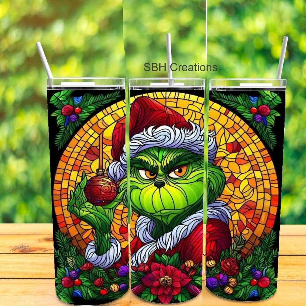 20oz Stainglass theme Grinch  insulated Tumbler with slidng lid and straw